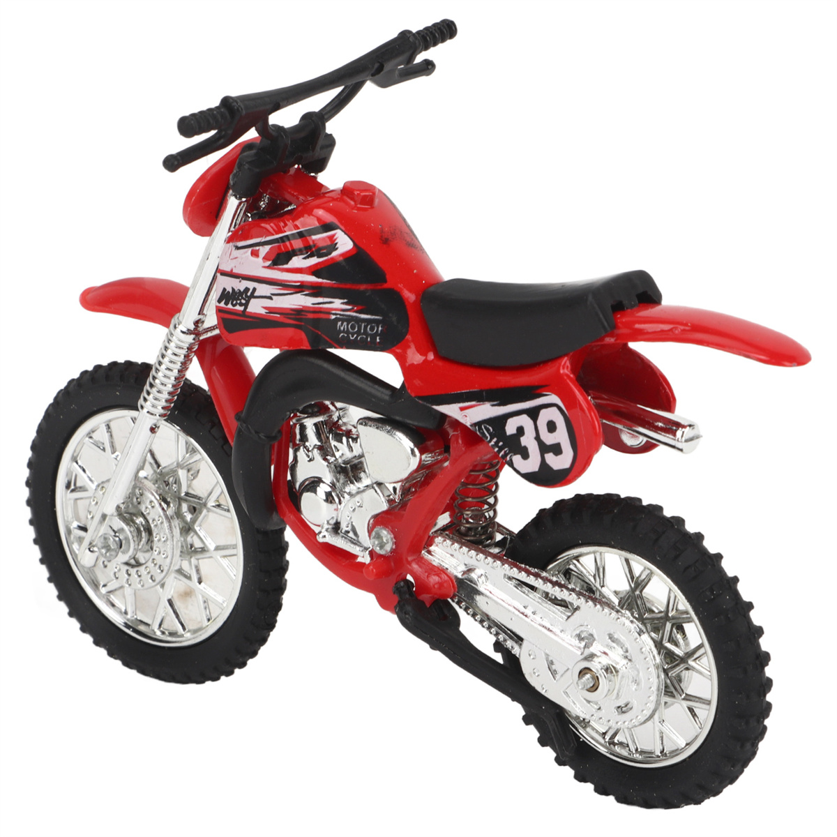 Ein rotes Spielzeugmotorrad mit schwarz-weißen Details, das die Zahl 39 zeigt.