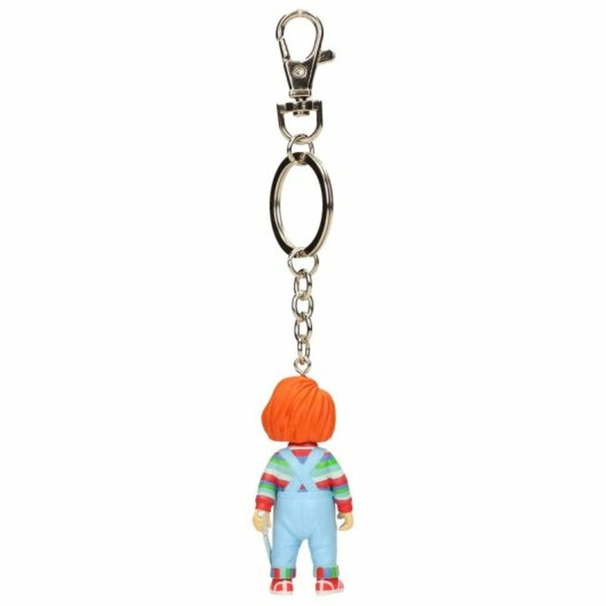 Schlüsselanhänger mit einer Chucky-Puppe. Die Puppe hat orangefarbenes Haar und trägt blaue Latzhosen.