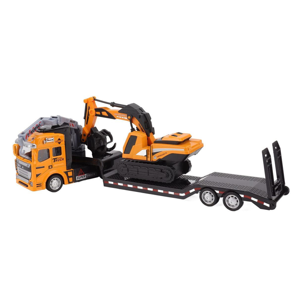 Spielzeug-LKW mit Bagger auf einem Anhänger. Orange und schwarze Farben.