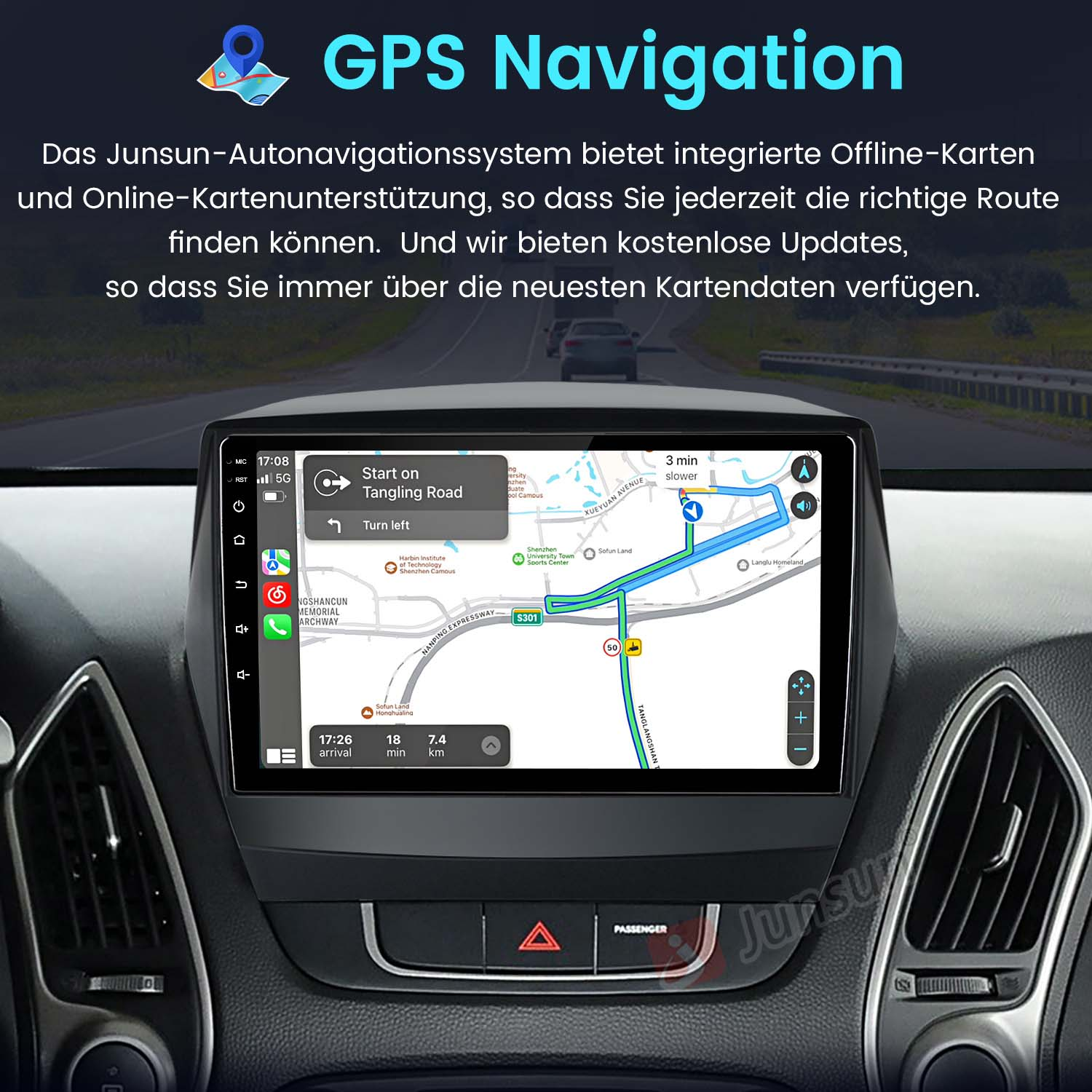 Ekran nawigacji GPS w samochodzie z mapą, pokazujący trasę i informacje.
