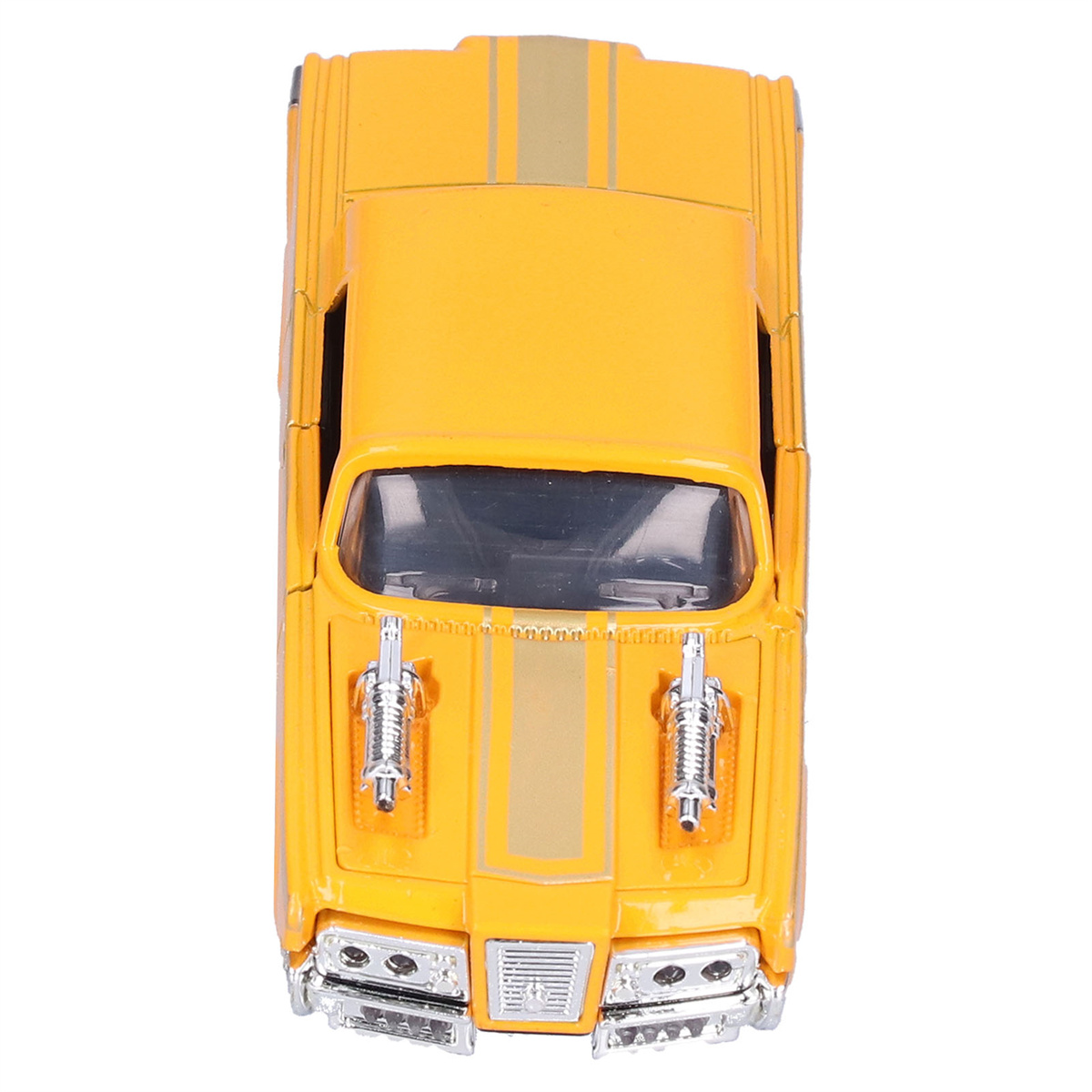 Gelbes Spielzeugauto mit silbernen Details und zwei Auspuffrohren vorne, von oben gesehen.