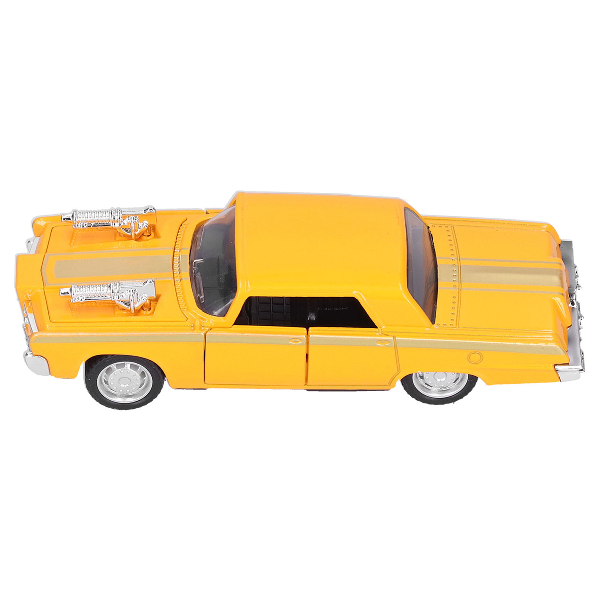 Gelbes Spielzeugauto mit silbernen Details. Draufsicht.