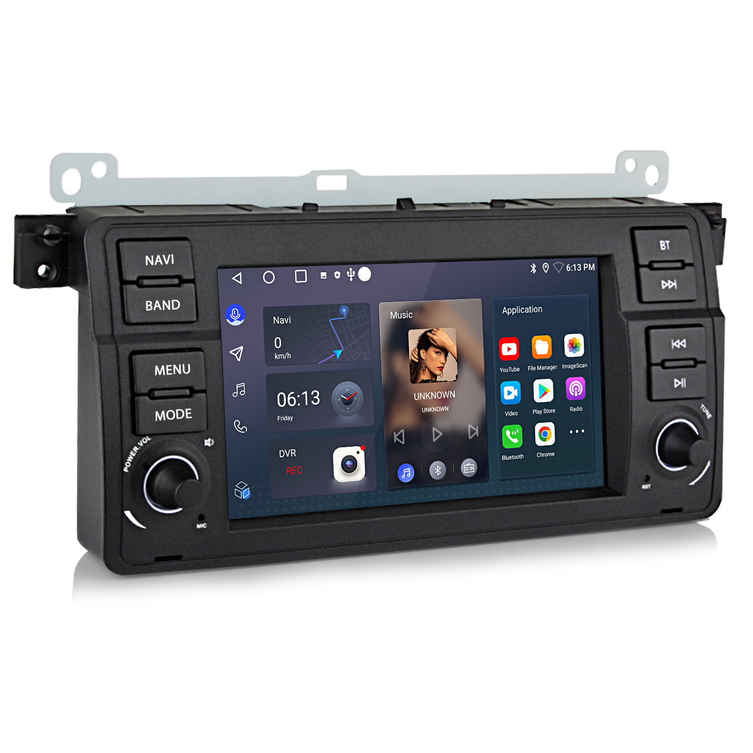 Autoradio mit Knöpfen, Bildschirm mit Navigation, Musik und App-Symbolen. Schwarze Farbe.