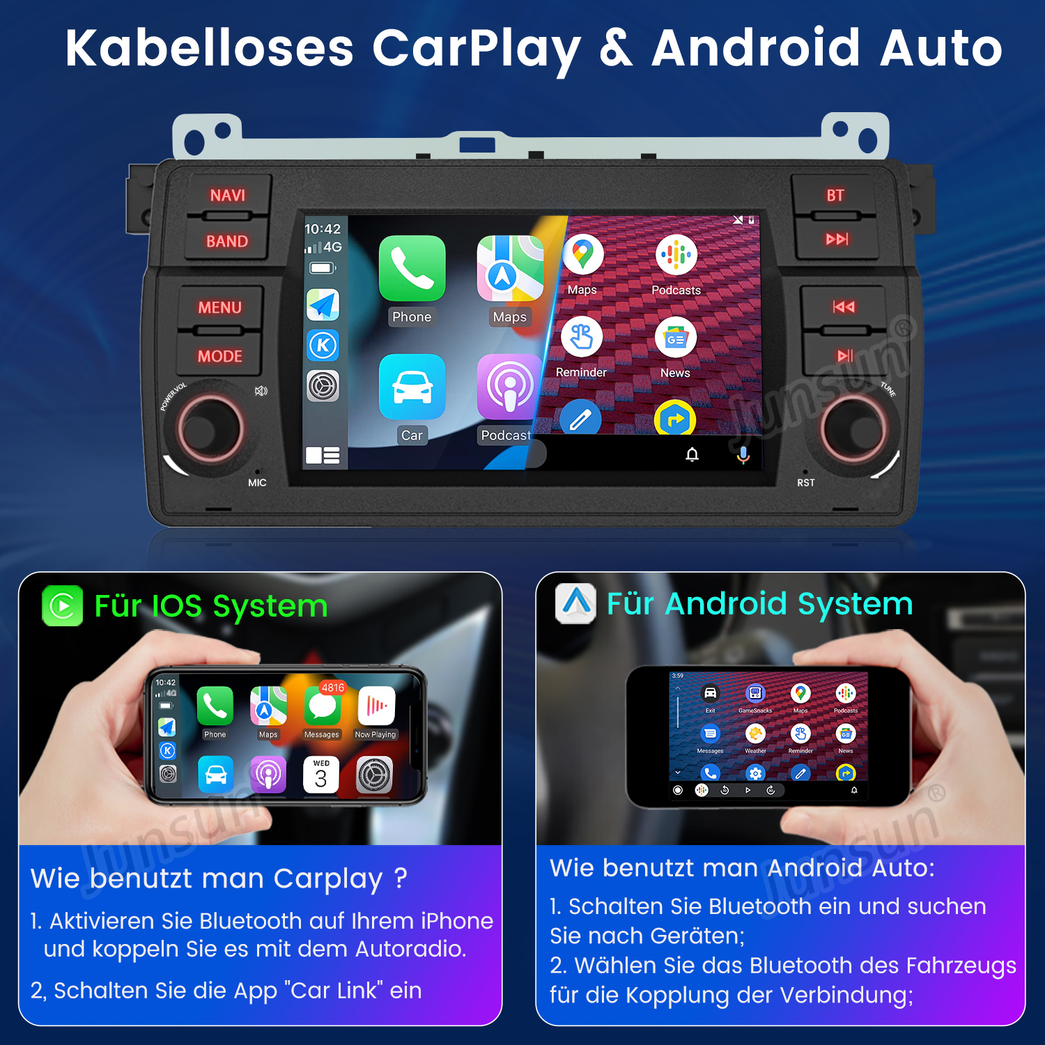 Auto-Display mit CarPlay- und Android Auto-Oberflächen, mit Einrichtungsanweisungen.