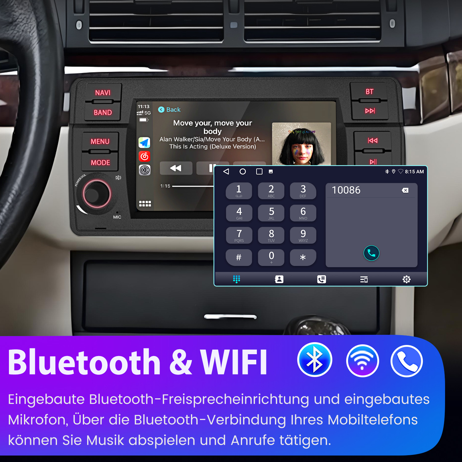 Auto-Stereo-Bildschirm zeigt Telefon- und Musik-Oberfläche, und ein Nummernblock. Innenraum.
