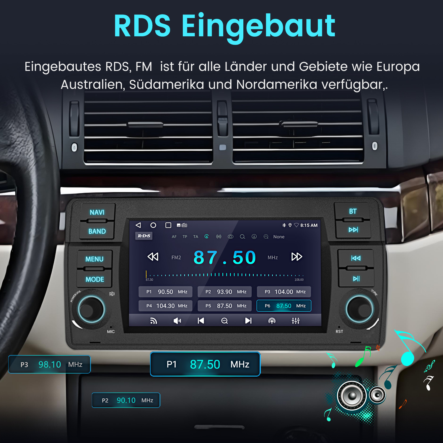 Autoradio mit Bildschirm, der Radiodaten anzeigt. Text: 'RDS eingebaut' und verschiedene Radioknöpfe.