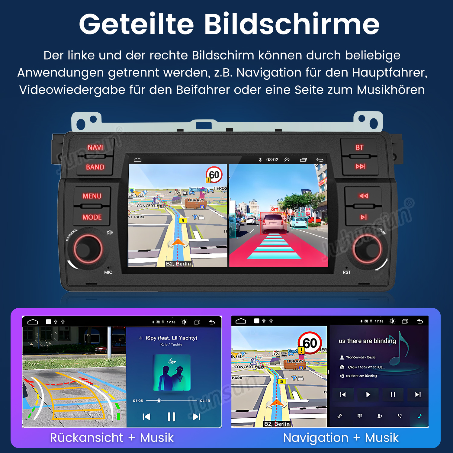 Autoradio-Bildschirm, der Navigation und Musikinformationen anzeigt.