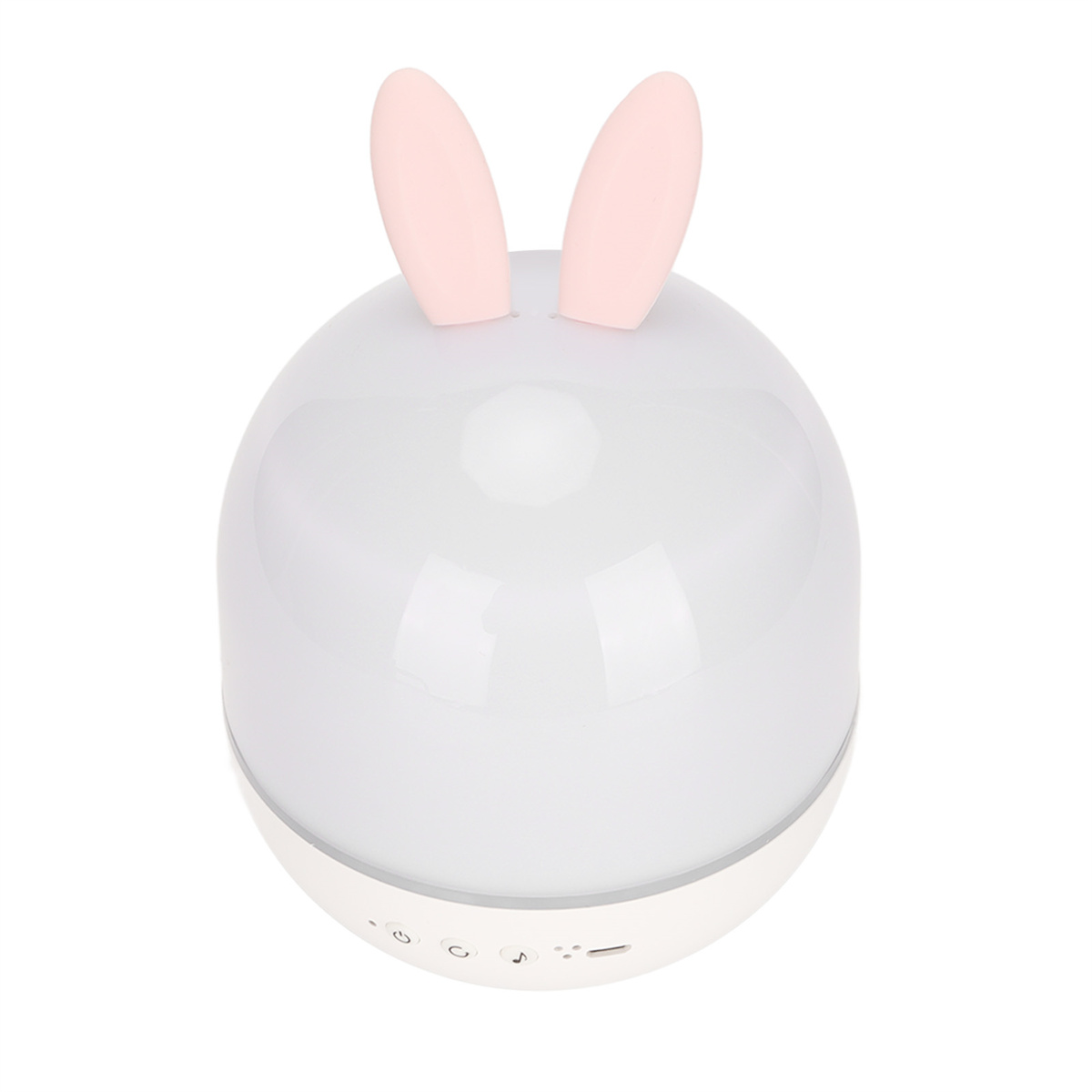 Eine weiße Lampe mit rosa Ohren und einer runden Form. Es ist eine Hasenlampe.