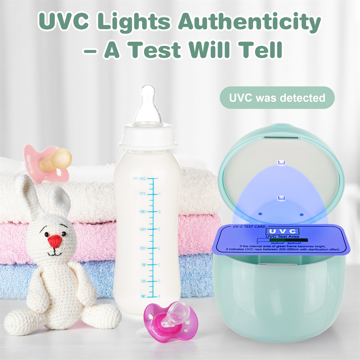 Eine Babyflasche, Schnuller und Spielzeug, mit einem UVC-Licht-Testkit, neben einem Stapel Handtücher.