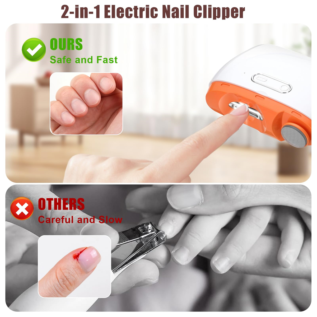 Elektrischer Nagelknipser, mit einem Finger, der einen Knopf drückt. Vergleichsbild zeigt blutigen Finger.