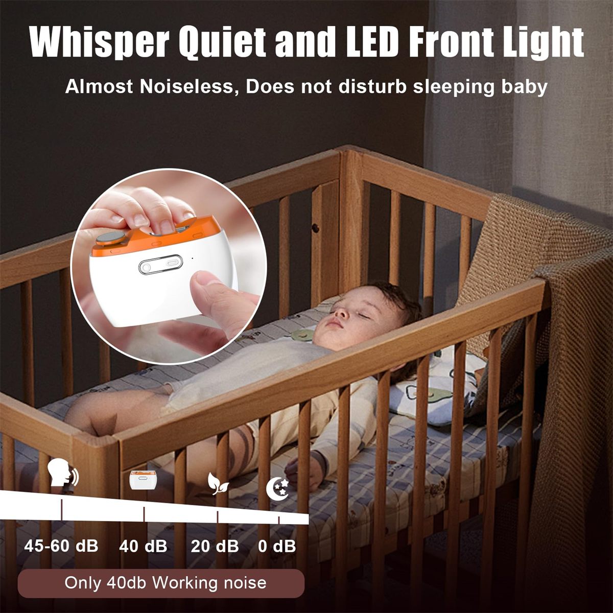 Ein Baby schläft in einem Kinderbett. Ein Gerät wird in der Hand gehalten, Text: flüstern leise, 40dB.