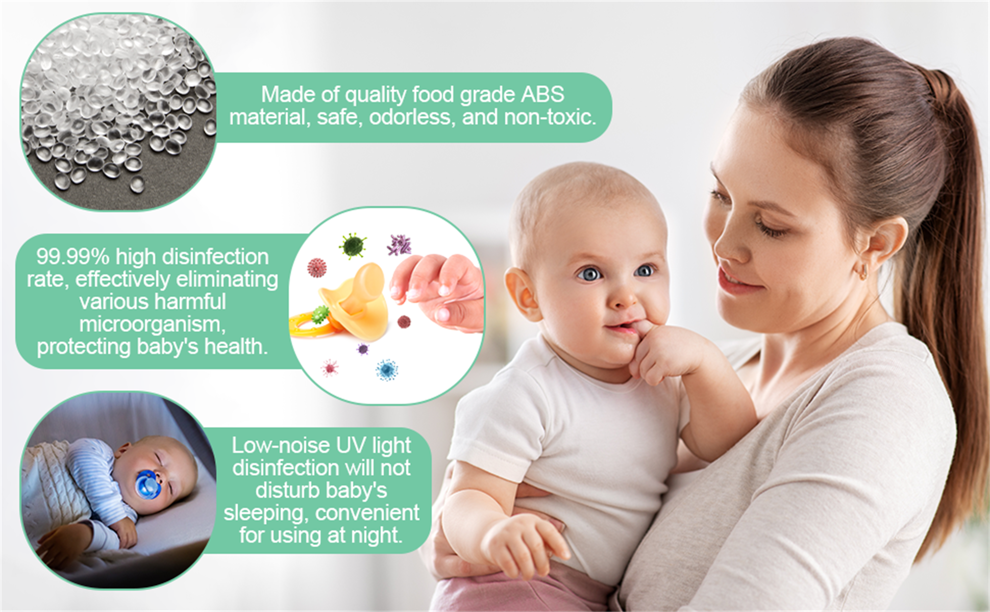 Eine Mutter hält ein Baby. Der Text enthält Informationen über Babyschutz und Desinfektion.