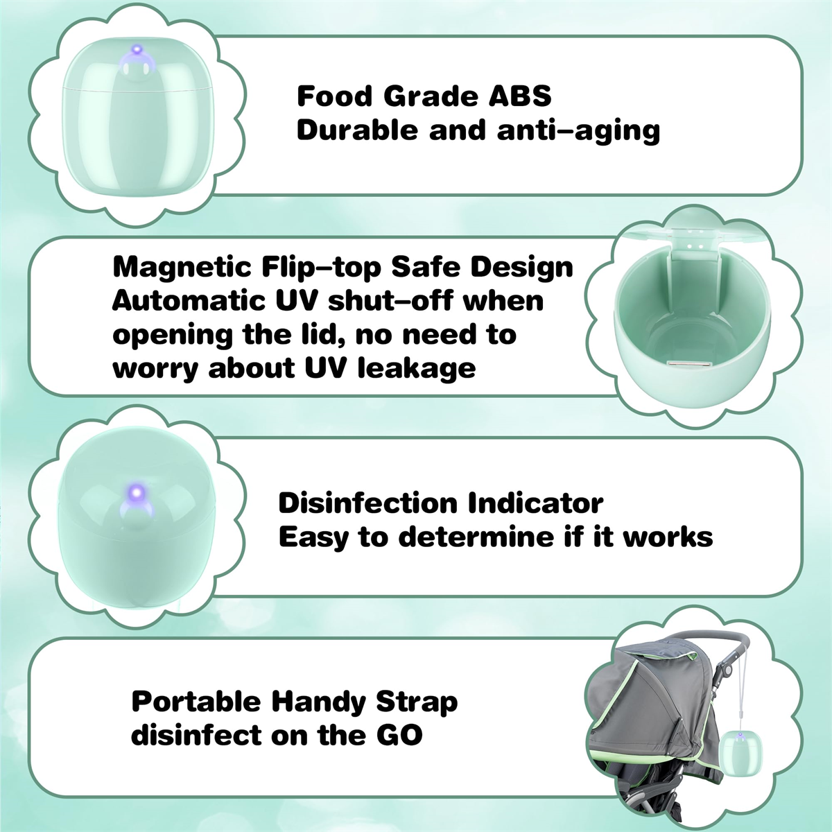 Minzgrüner Babyflaschensterilisator mit Tragegurt, Funktionen: UV, sicheres Design, Desinfektionsmittel.