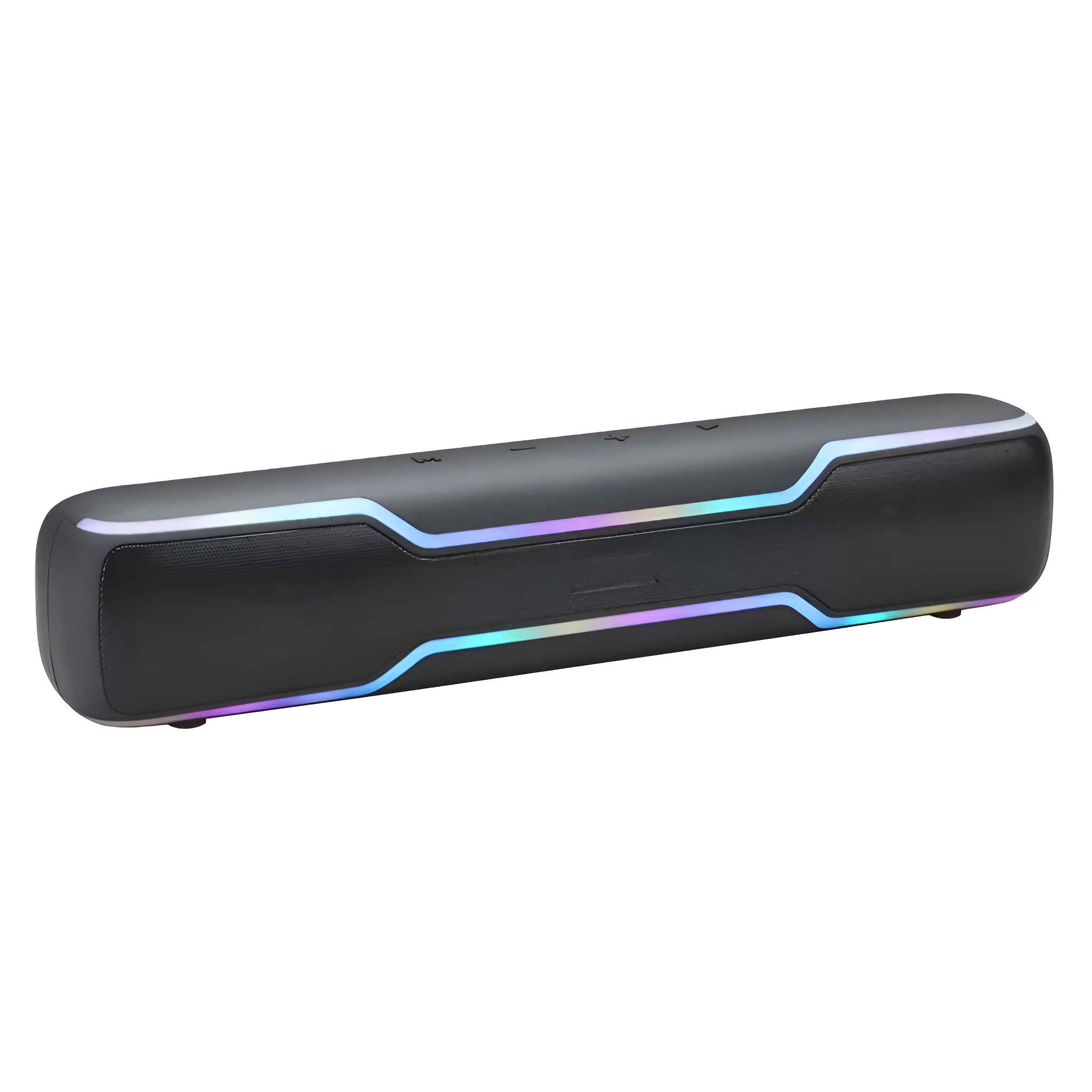 Schwarze Soundbar mit farbigen LED-Lichtern. Der Lautsprecher ist rechteckig mit abgerundeten Kanten.
