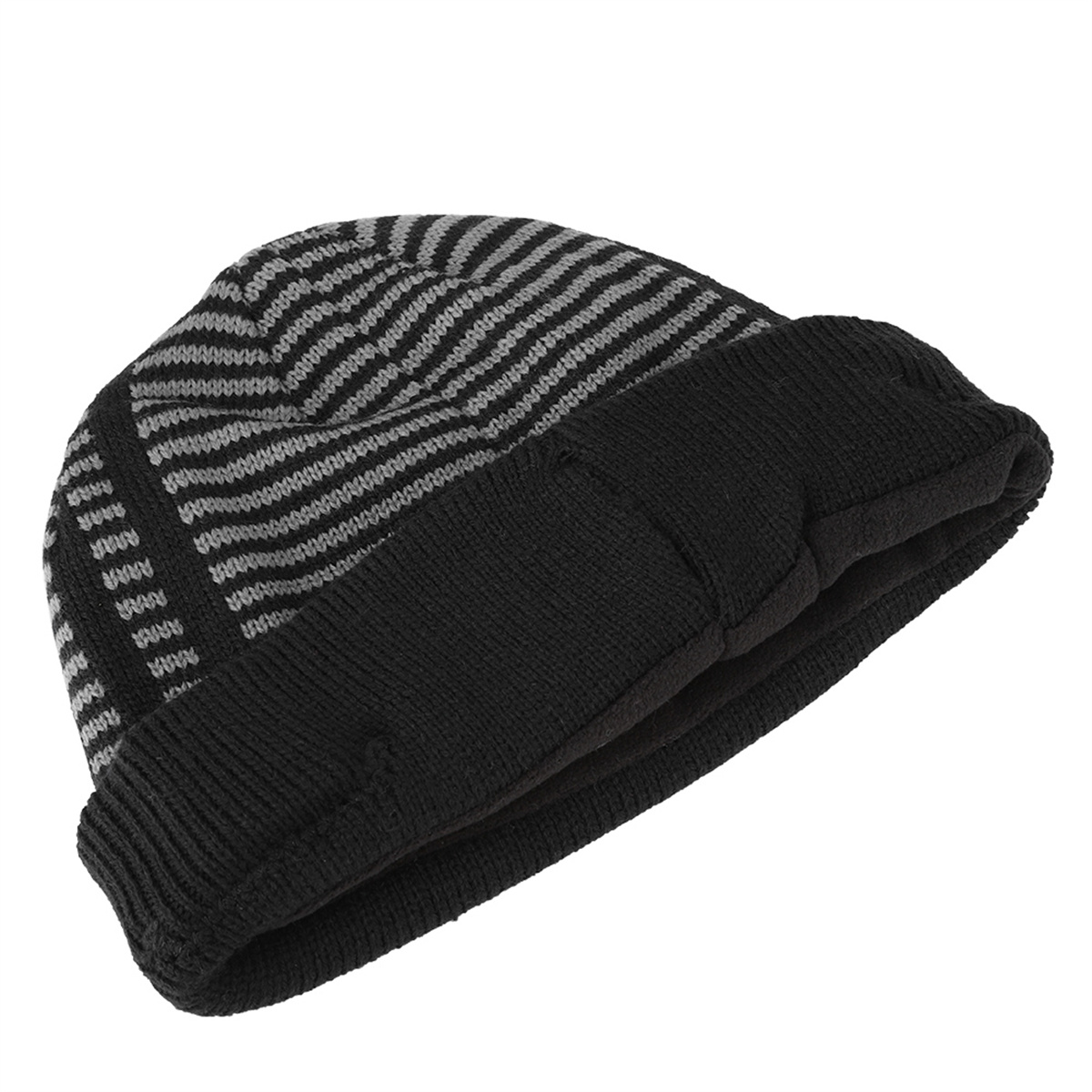 Schwarz-grau gestreifte Beanie-Mütze. Der gefaltete Rand der Mütze zeigt ein schwarzes Innere.