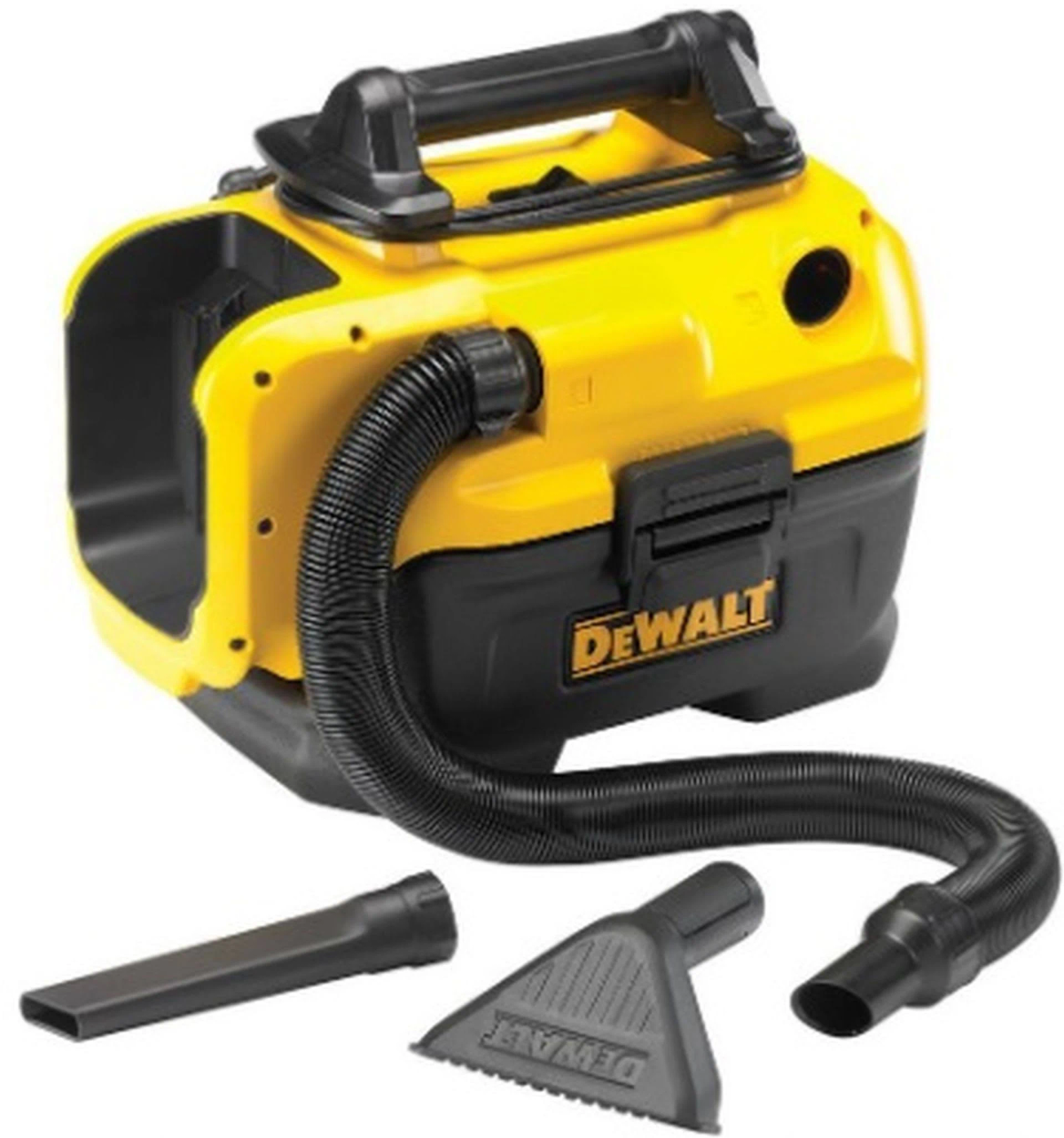 Un aspirapolvere a umido/secco giallo e nero con accessori su sfondo bianco.