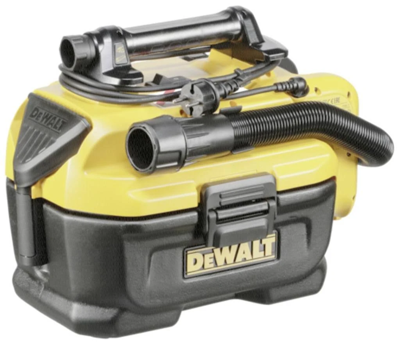 Aspirapolvere DeWalt giallo e nero per liquidi/solidi. Manico e tubo neri.