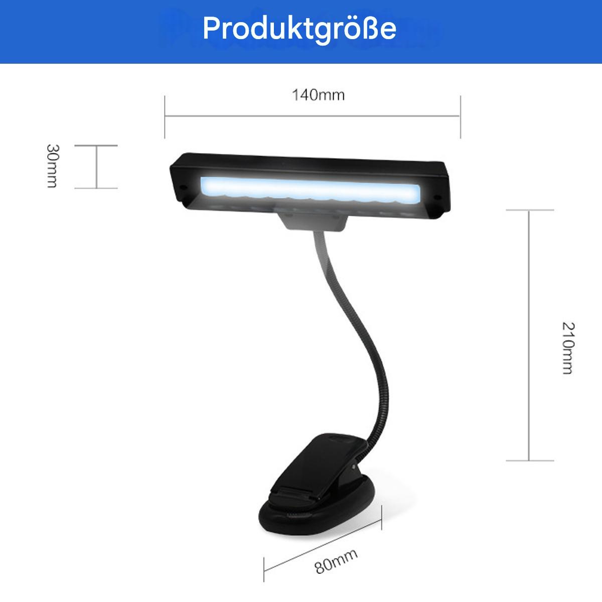 Schwarze Clip-On-Lampe mit Abmessungen. Weißer Hintergrund.