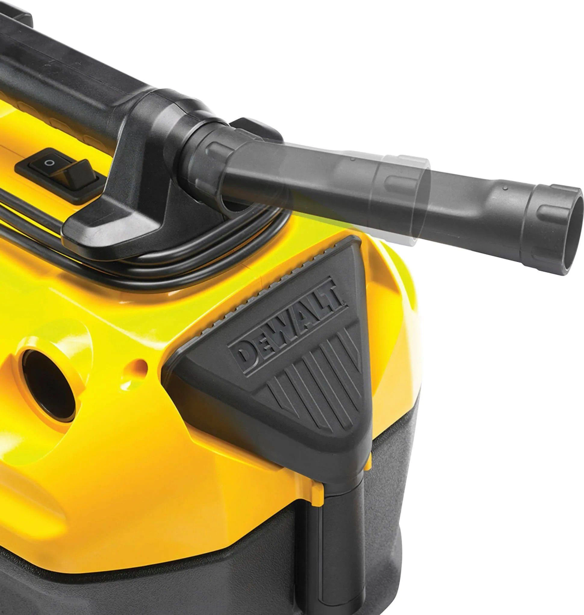 Un aspirapolvere DeWalt giallo e nero, con un accessorio per ugello.