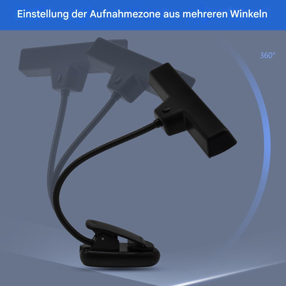 Schwarze Klemmlampe mit flexiblem Hals, in verschiedenen Winkeln vor blauem Hintergrund.