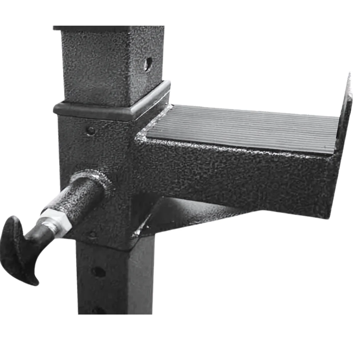 Nahaufnahme eines Gewichthebergestells. Schwarzes Metall mit Haken und Stütze.