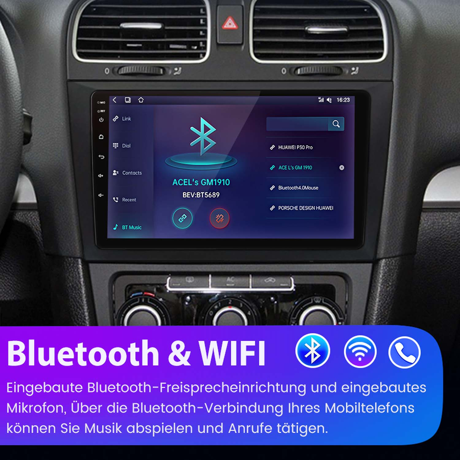 Deska rozdzielcza samochodu z dużym ekranem wyświetlającym menu i ikony Bluetooth i WiFi.