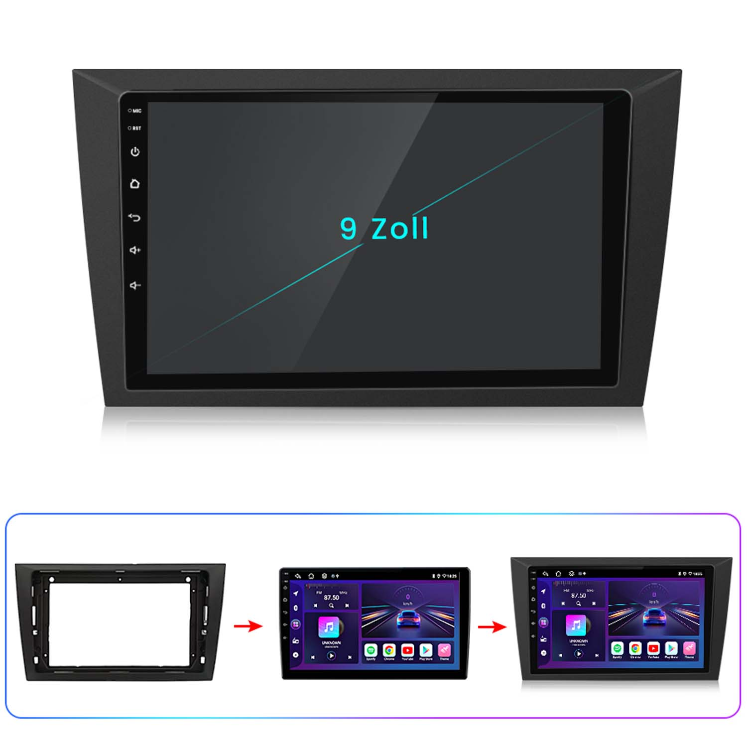Ein Autoradio-Bildschirm mit einem 9 Zoll Display, mit dem Radio im Installationsprozess.