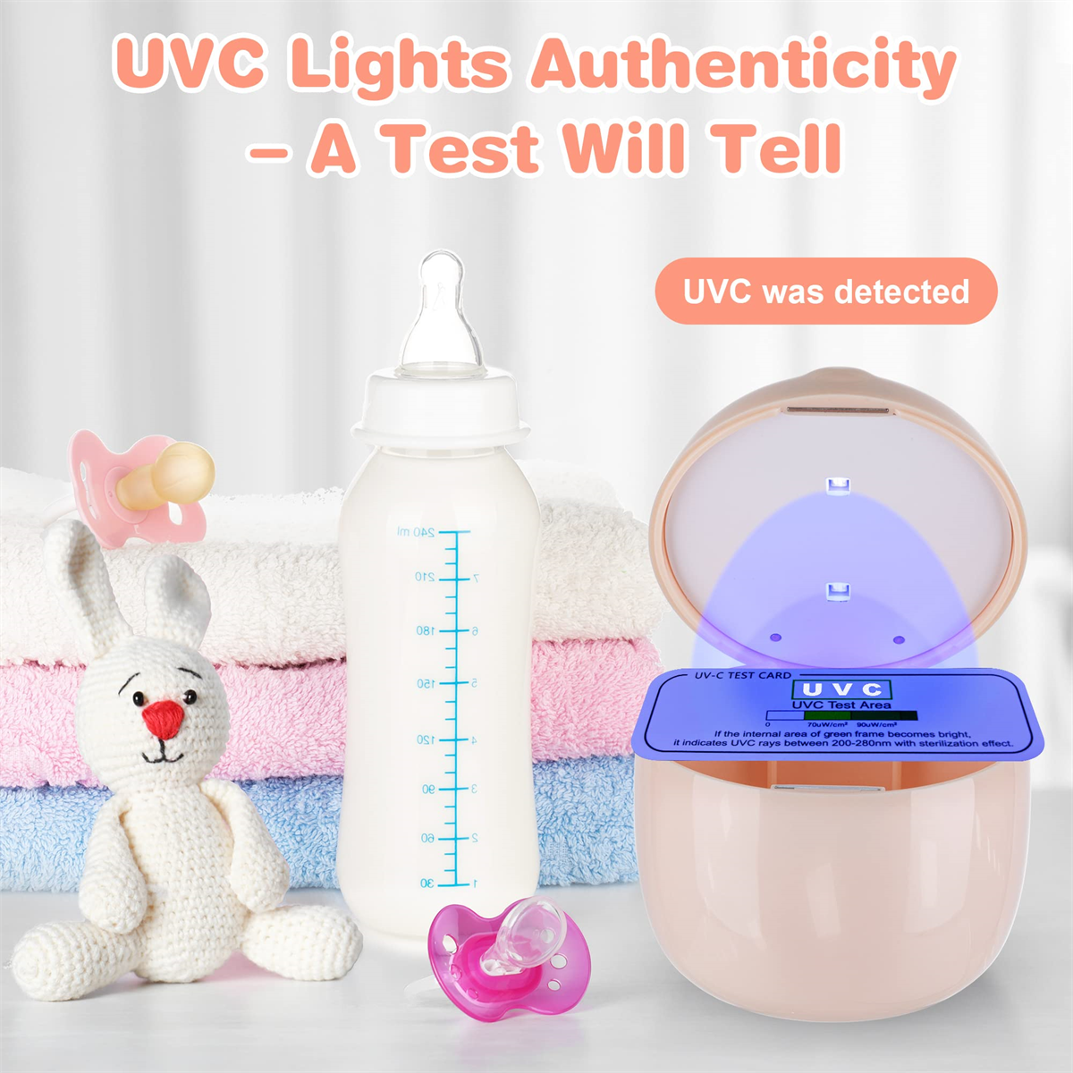 UVC-Testaufbau mit Babyartikeln und hellem blauem UVC-Licht.