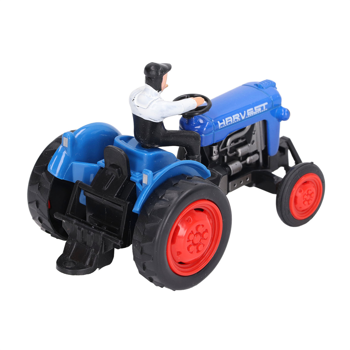 Blauer Spielzeugtraktor mit Fahrerfigur. Rote Räder und das Wort 'HARVEST' sind sichtbar.