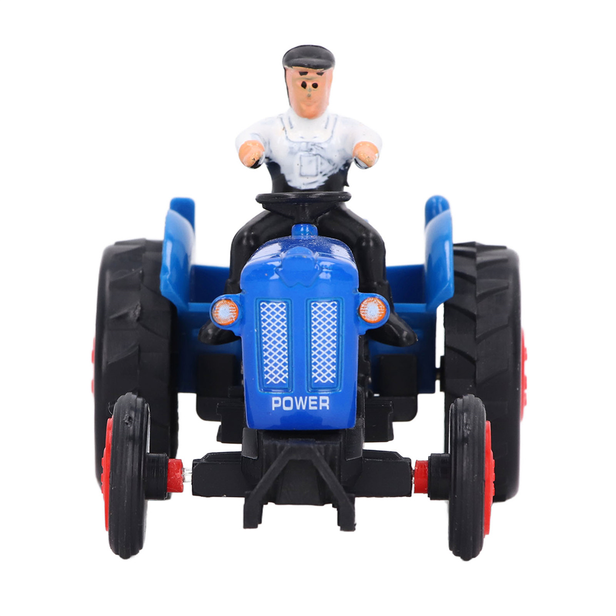 Ein blauer Spielzeugtraktor mit einer Bauernfigur.