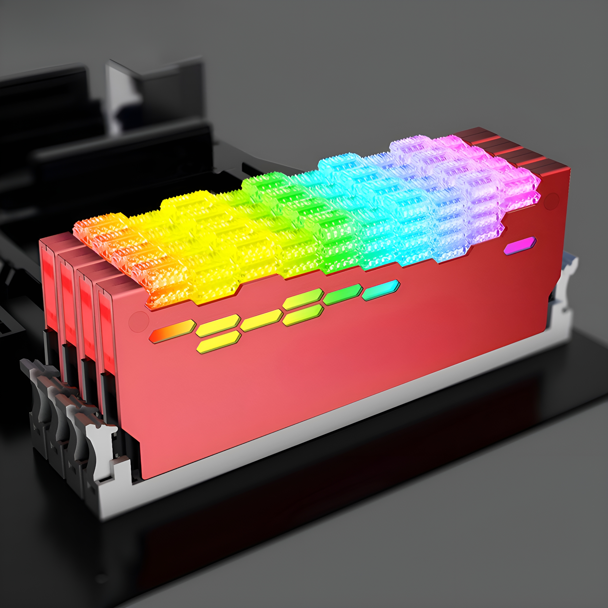 Rotes RAM-Modul mit einer farbenfrohen Lichtleiste oben.