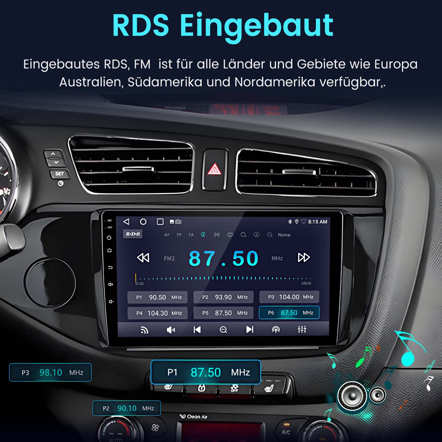 Auto-Armaturenbrett mit Radio-Schnittstelle mit RDS. Zeigt Radiosender-Infos und einen Innenraum.
