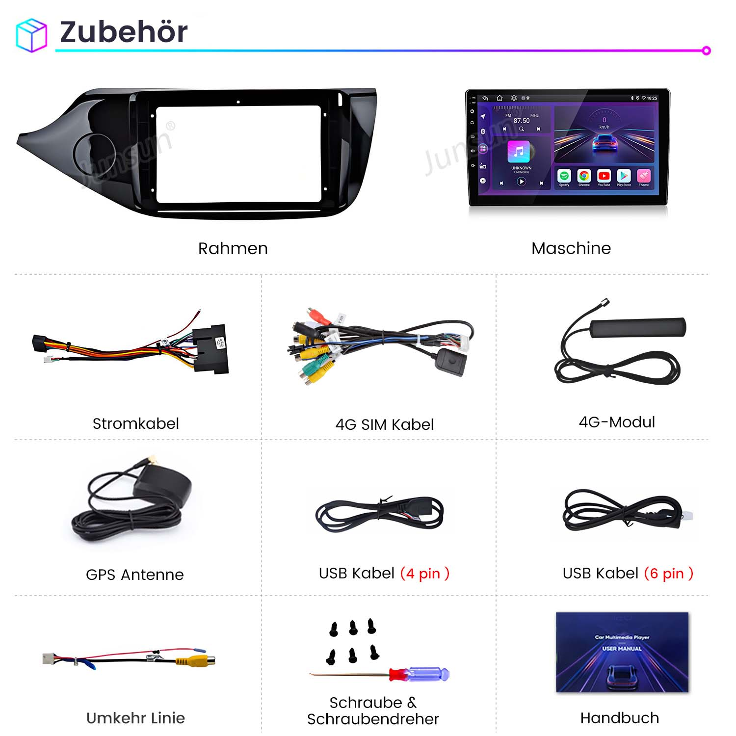 Komponenten des Auto-Multimediasystems werden angezeigt, darunter ein Bildschirm, ein Rahmen und verschiedene Kabel.