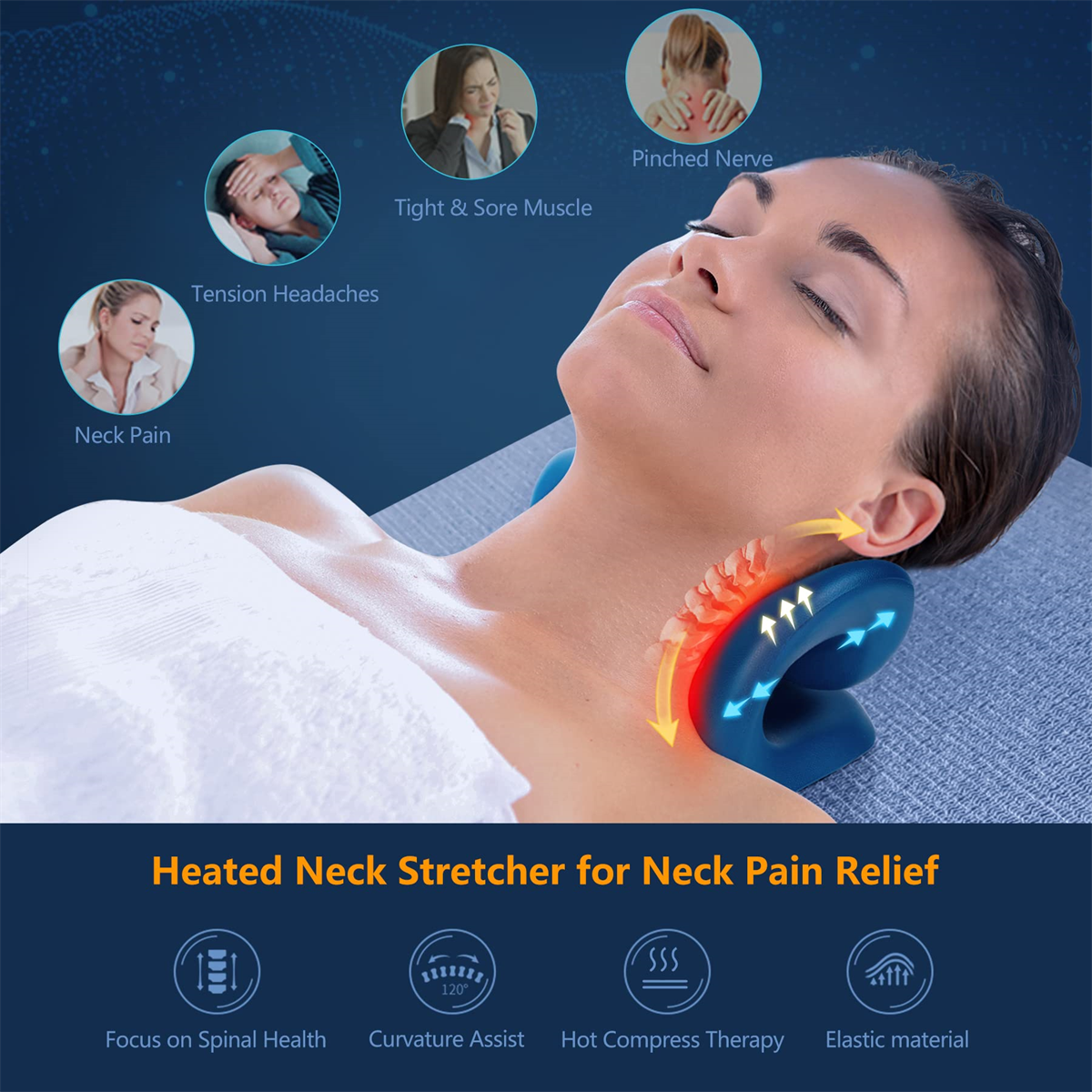 Frau auf Massagetisch mit Nackenstrecker. Diagramme zeigen Schmerzlinderung und verwandte Symptome.