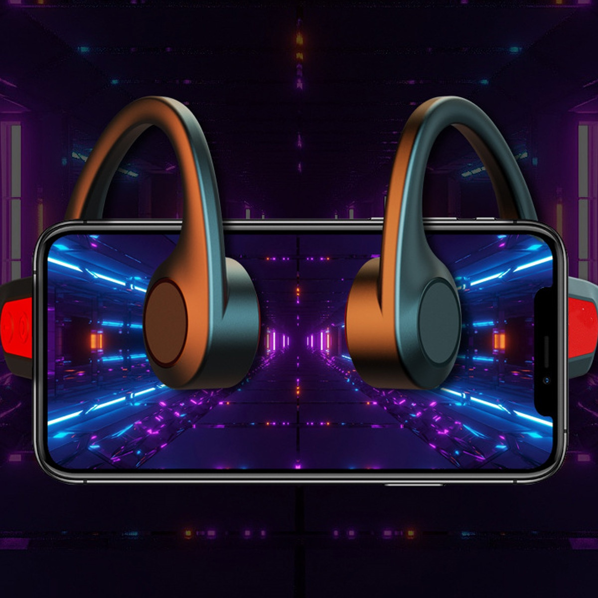Kopfhörer über Smartphone-Bildschirm. Bildschirm zeigt futuristischen Tunnel. Schwarze und orange Kopfhörer.
