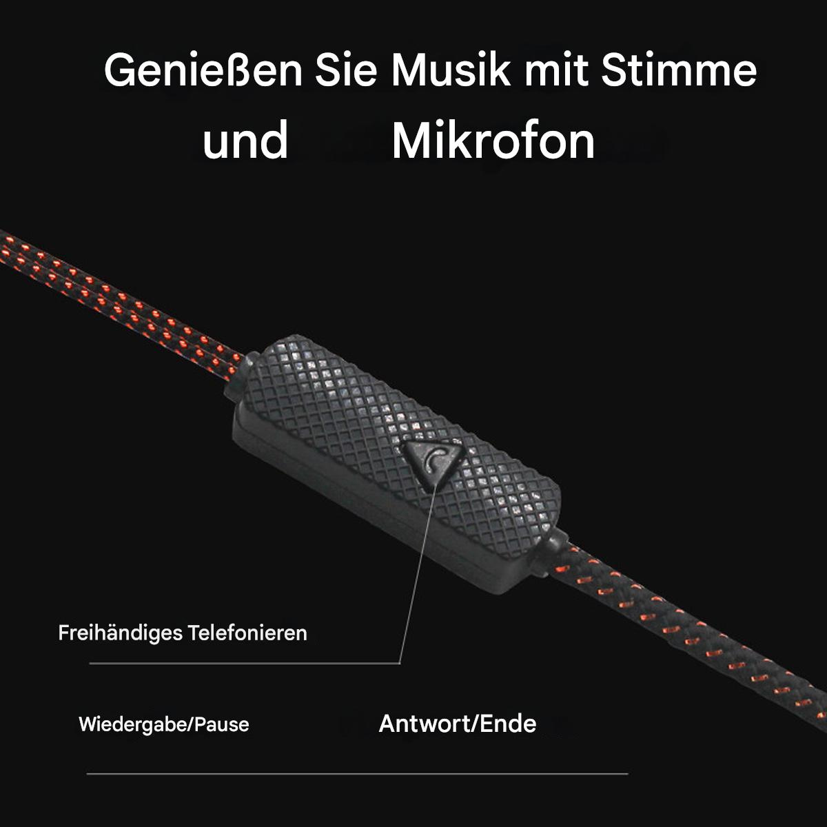 Kopfhörerkabel mit Steuerbox. Text auf Deutsch, der Wiedergabe, Pause, Anrufannahme und Beenden anzeigt.