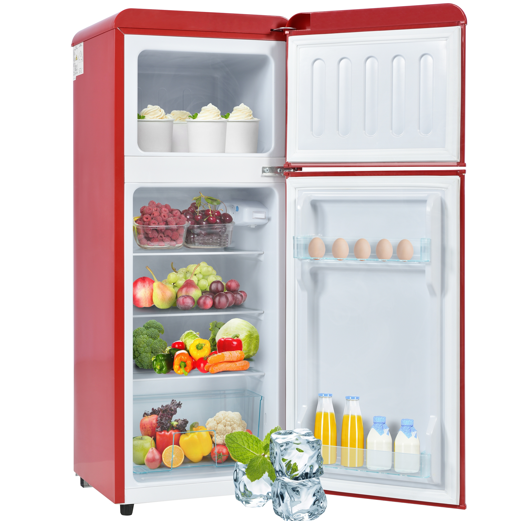 Ein roter Kühlschrank mit offener Tür, die Lebensmittel im Inneren zeigt.