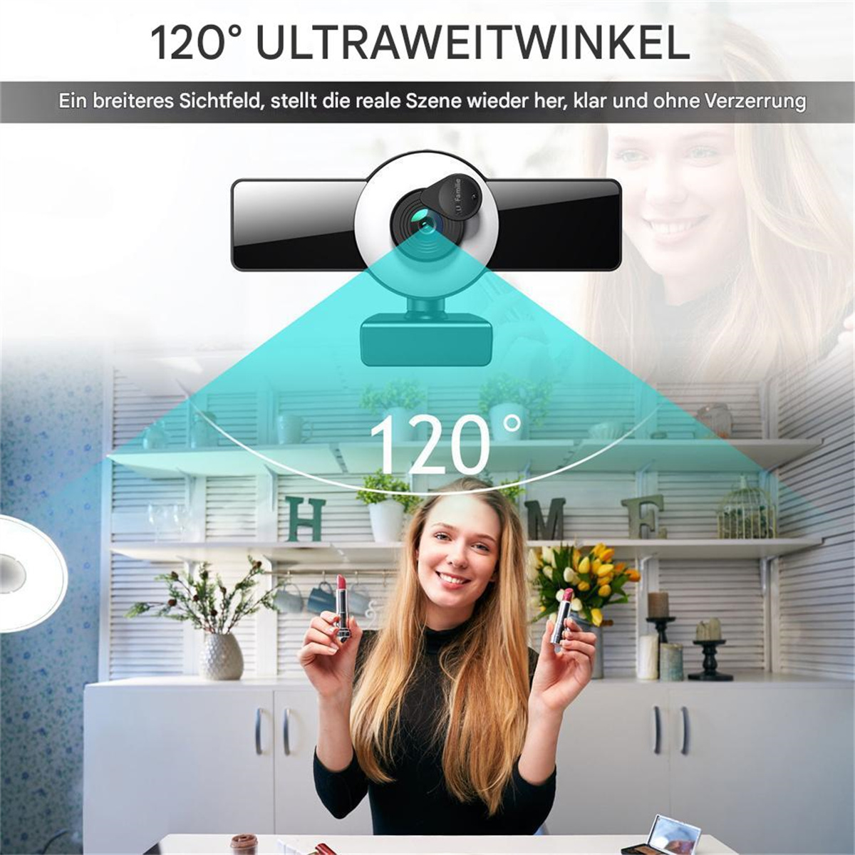 Frau hält Lippenstift und Webcam, mit 120° Winkel.