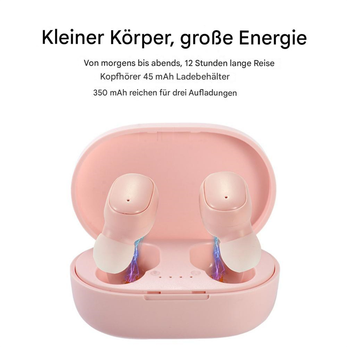 Pinke Ohrhörer in offenem pinken Etui, mit Text über das Produkt.