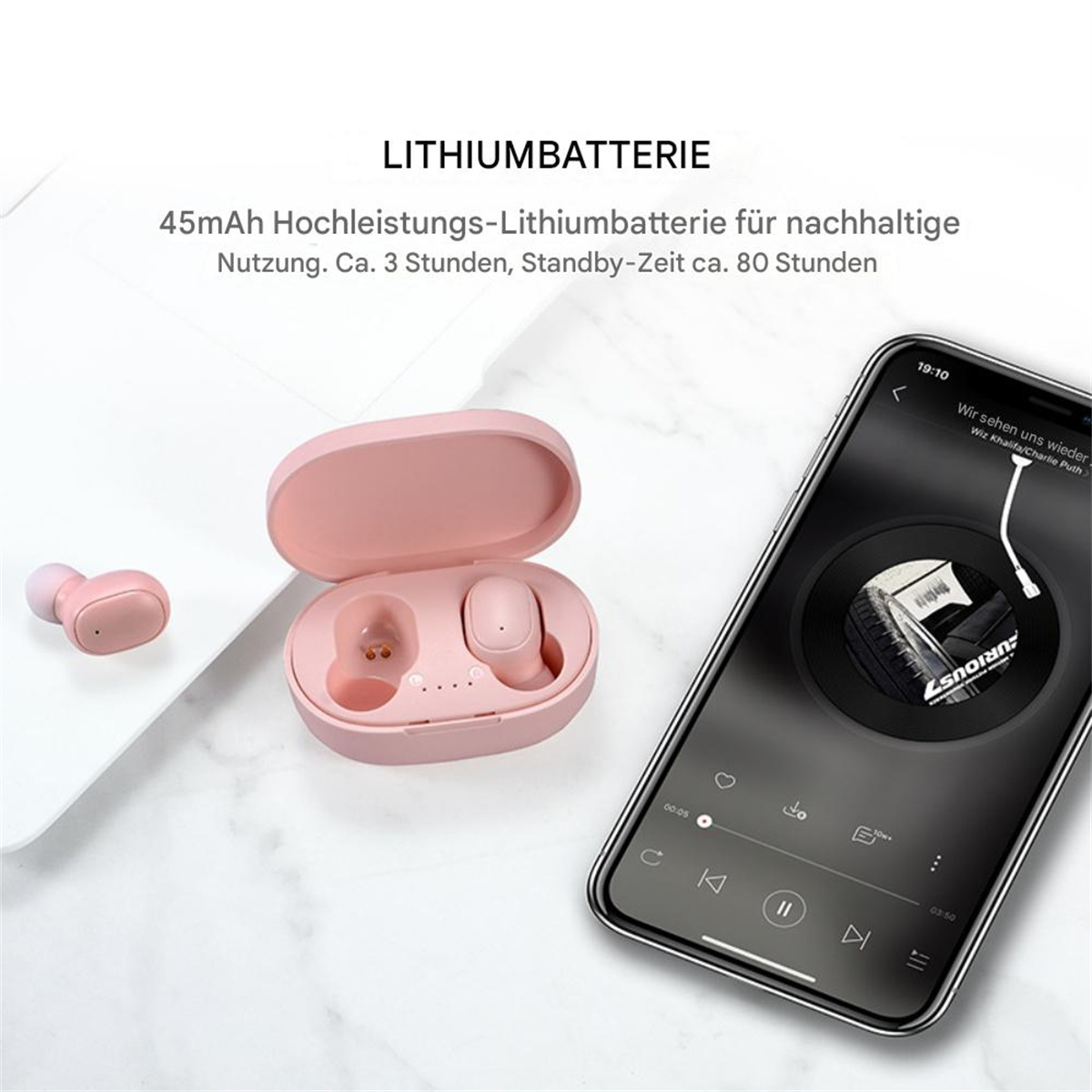 Rosa kabellose Ohrhörer und ein Ladecase. Ein Telefon zeigt Musik an. Textdetails Akkulaufzeit.