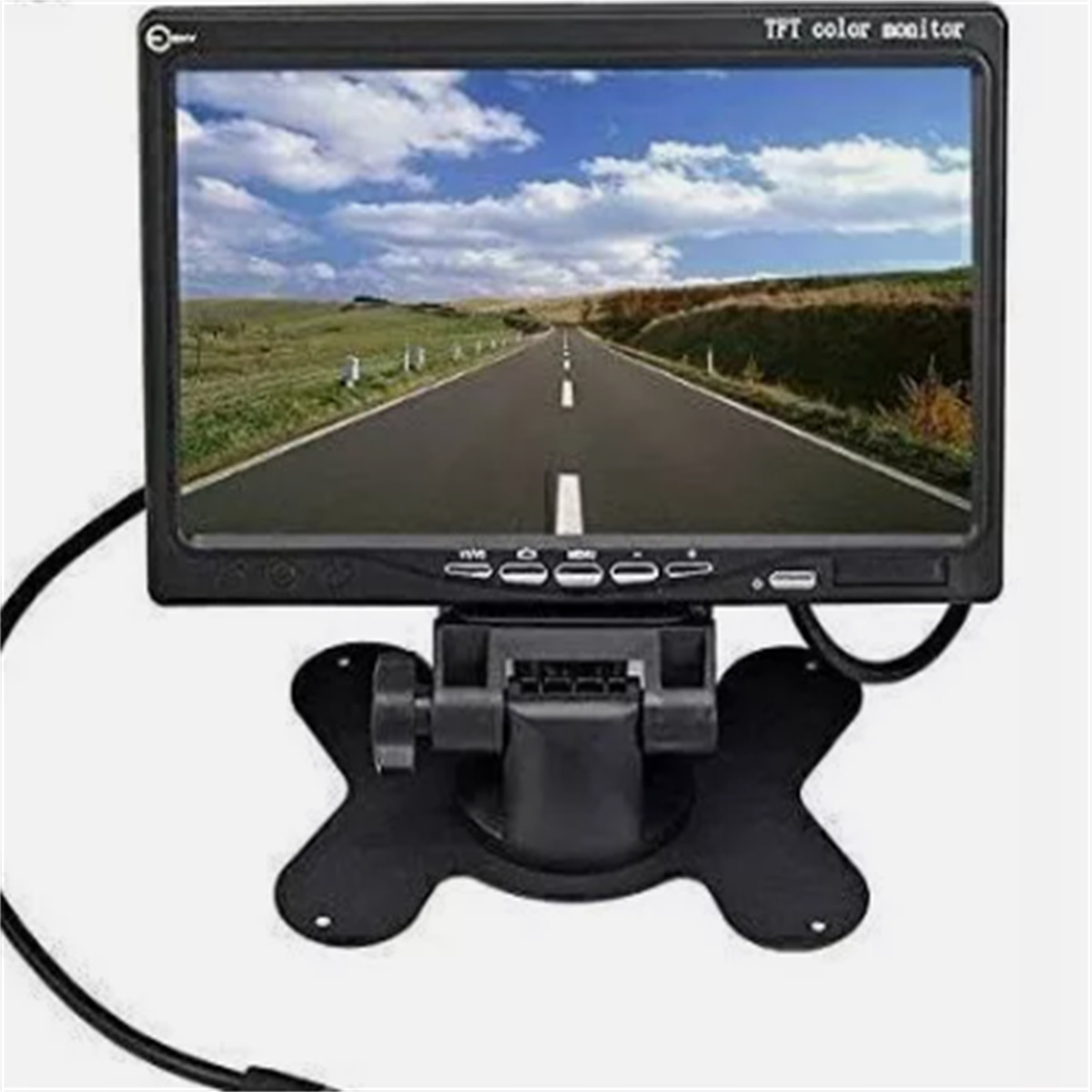 Ein TFT-Farbmonitor, der eine Straße zeigt. Der Monitor ist schwarz mit einem schwarzen Ständer.