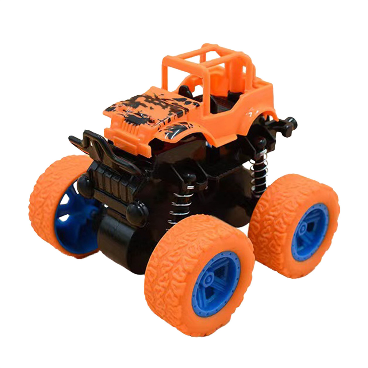 Spielzeug-Monster-Truck, orange und schwarz mit blauen Rädern. Große Reifen, Überrollkäfig.