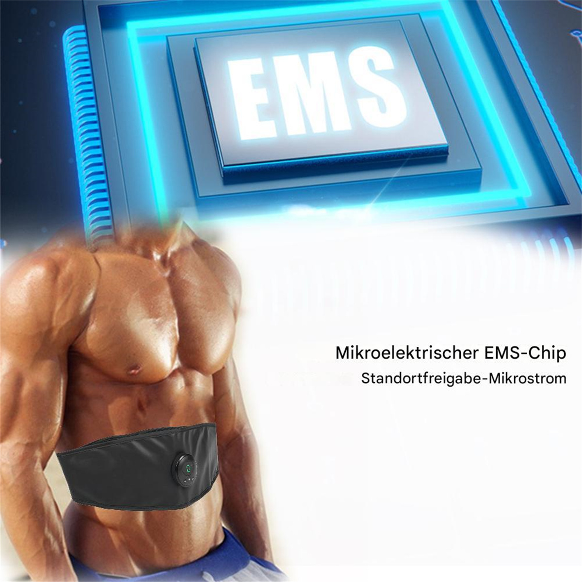 Der Torso eines Mannes mit einem EMS-Gürtel. Das Bild zeigt einen mikroelektrischen EMS-Chip.