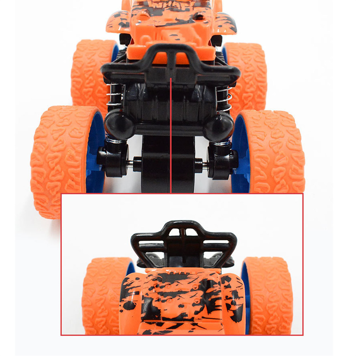 Orange-schwarzer Spielzeug-LKW. Ober- und Unteransicht zeigen Räder und Rahmen.
