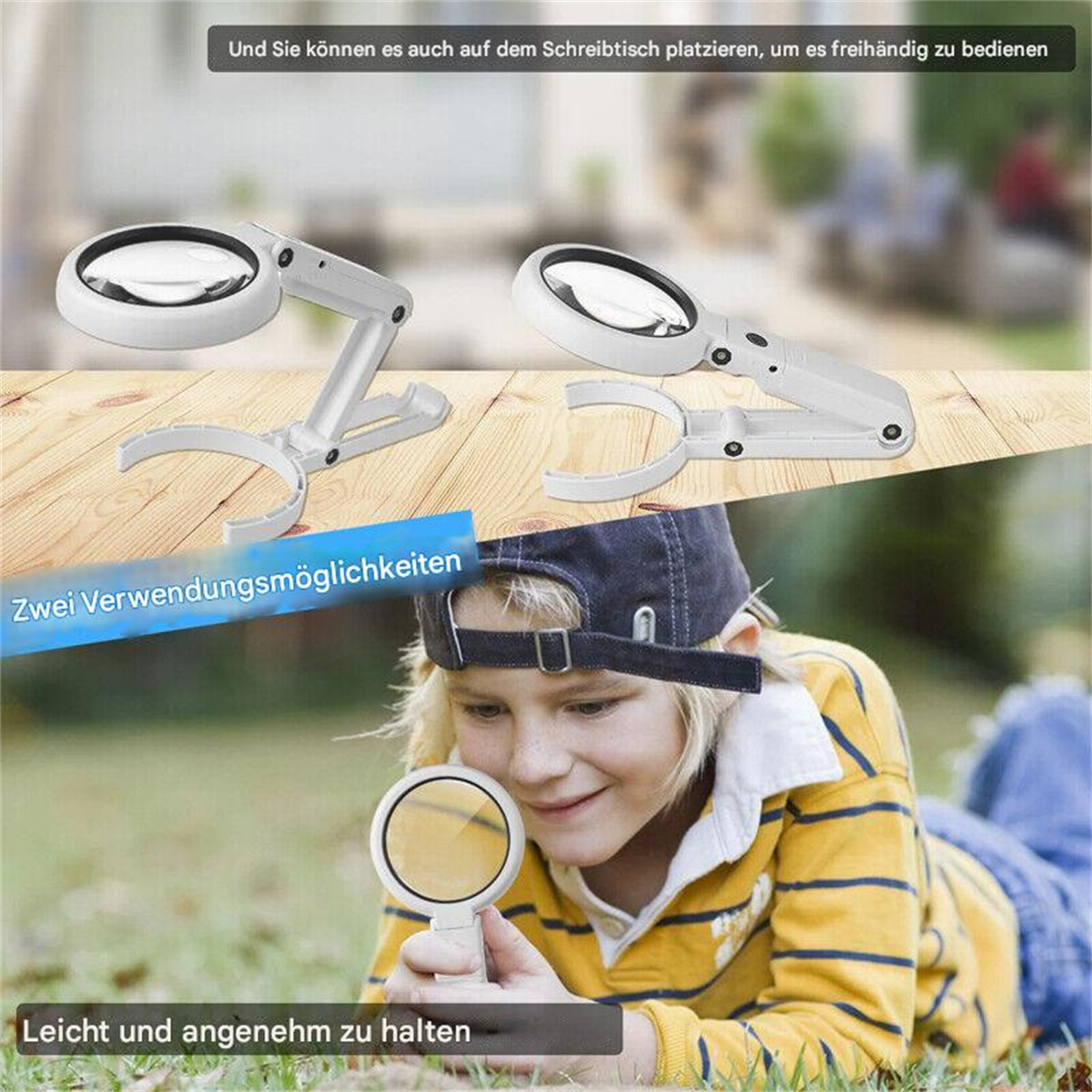 Zwei faltbare Lupen, eine davon wird von einem Jungen in einem gelben Hemd gehalten, der im Gras liegt.