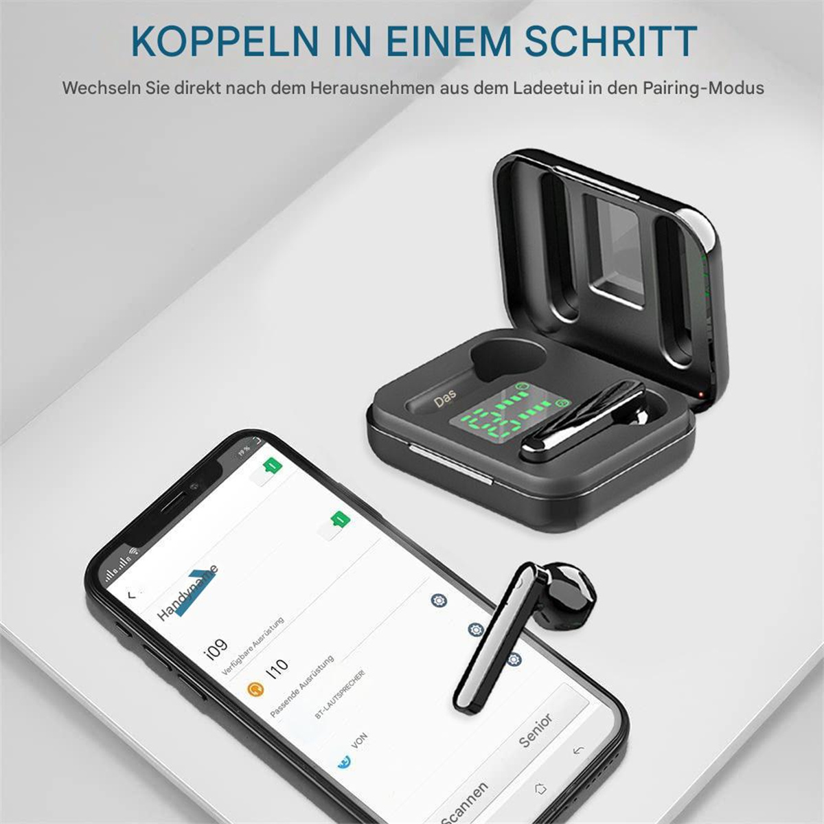 Ein Smartphone und ein Ladeetui mit Ohrhörern werden gezeigt. Das Telefon zeigt eine Verbindung an.