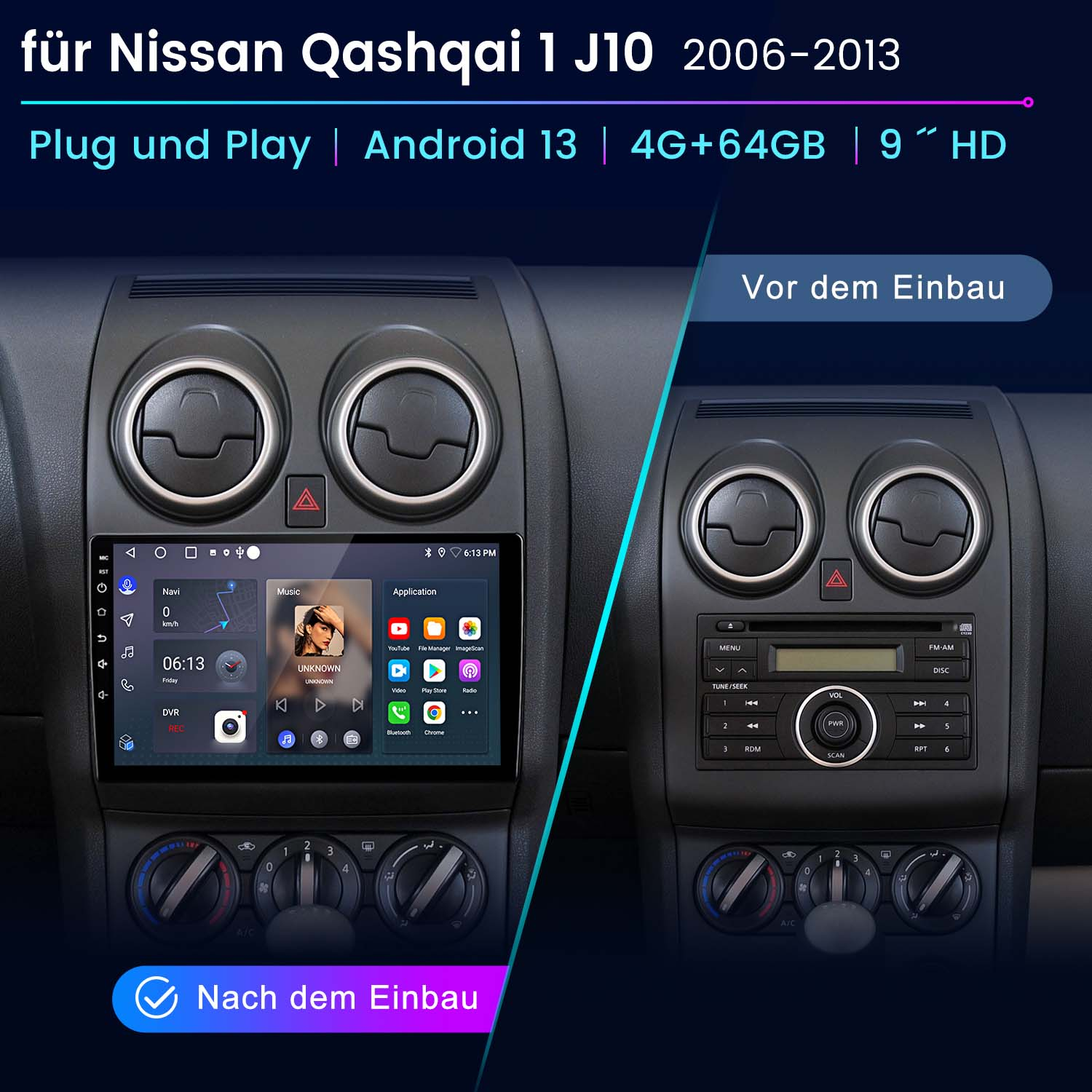 Ekran nawigacji samochodowej przed i po instalacji w desce rozdzielczej. Tekst: Plug and Play.