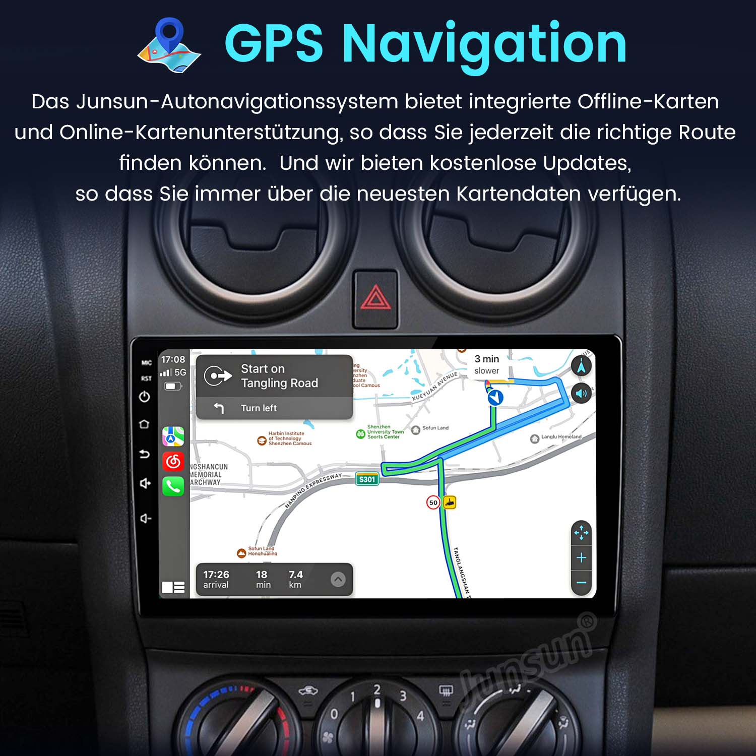 Deska rozdzielcza z ekranem nawigacji GPS wyświetlającym mapę.