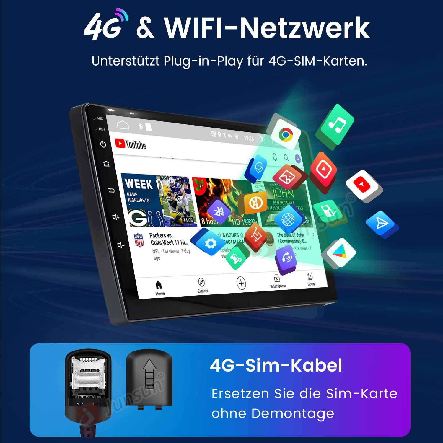 Tablet z siecią 4G i Wi-Fi, pokazujący aplikacje i kabel SIM 4G.