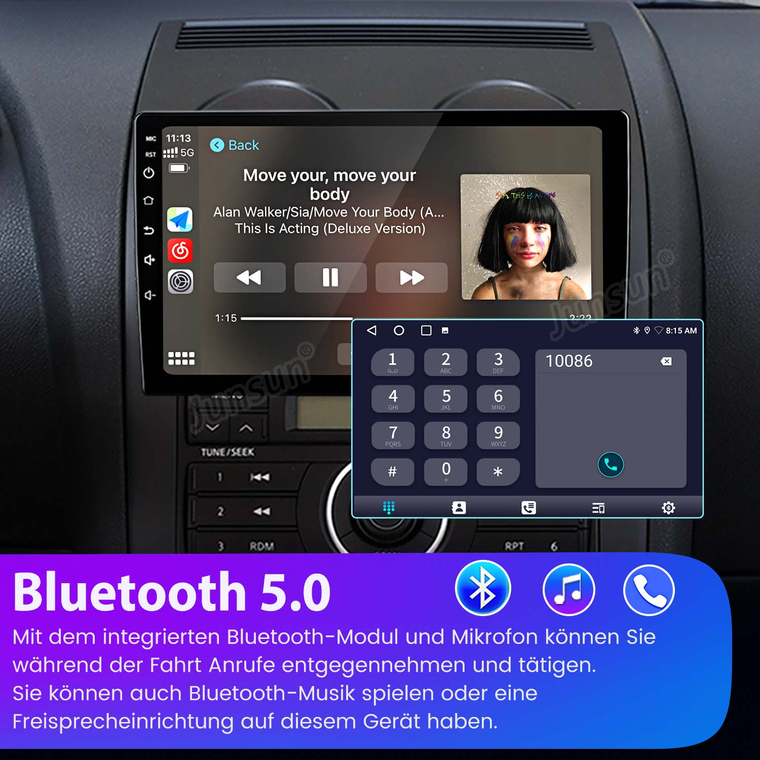 Deska rozdzielcza samochodu z ekranem pokazującym muzykę i wybieranie numeru telefonu. Poniżej tekst Bluetooth 5.0.